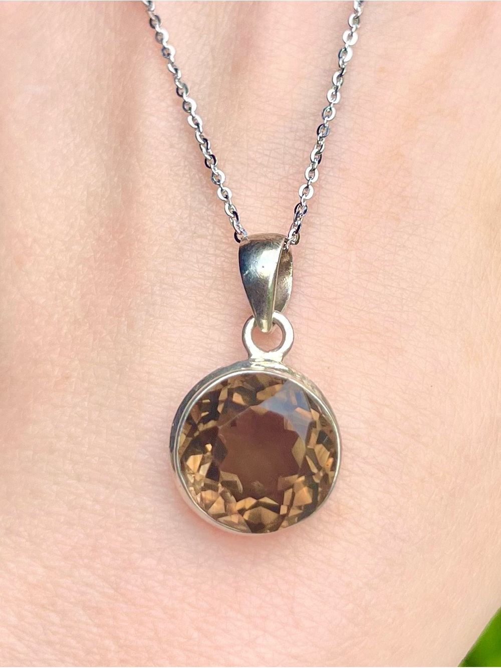 925 Sterling Silver faceted Smoky Quartz Round Pendant Necklace Brown